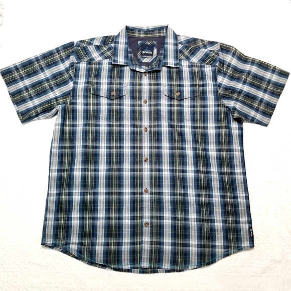 PRANA Men's Blue White Gray Plaid Buttondown Short Sleeve Shirt, XXL - Picture 1 of 9